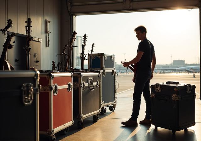 Musicista professionista in tour con custodie per strumenti